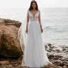 Пляжное свадебное платье в стиле бохо, длинные кружевные свадебные платья в пол с открытой спиной, рукавом 34 и V-образным вырезом, в богемном стиле, цвета слоновой кости