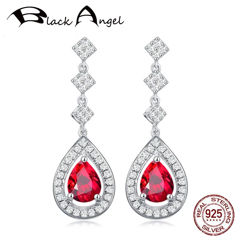

BLACK ANGEL Water Drop Shaped Red Gemstones Earrings 925 Sterling Silver Ruby Drop Earrings For Women Fine Jewelry Wedding Gifts