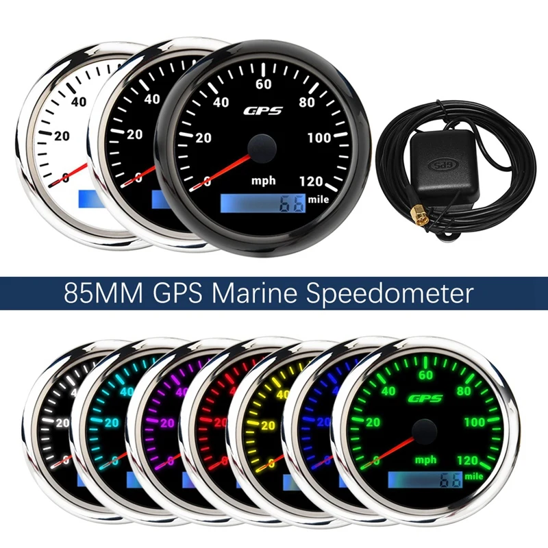 

85 мм GPS морской Спидометр 0-120/миль Спидометр с 7-цветной подсветкой цифровой одометр для яхт лодок