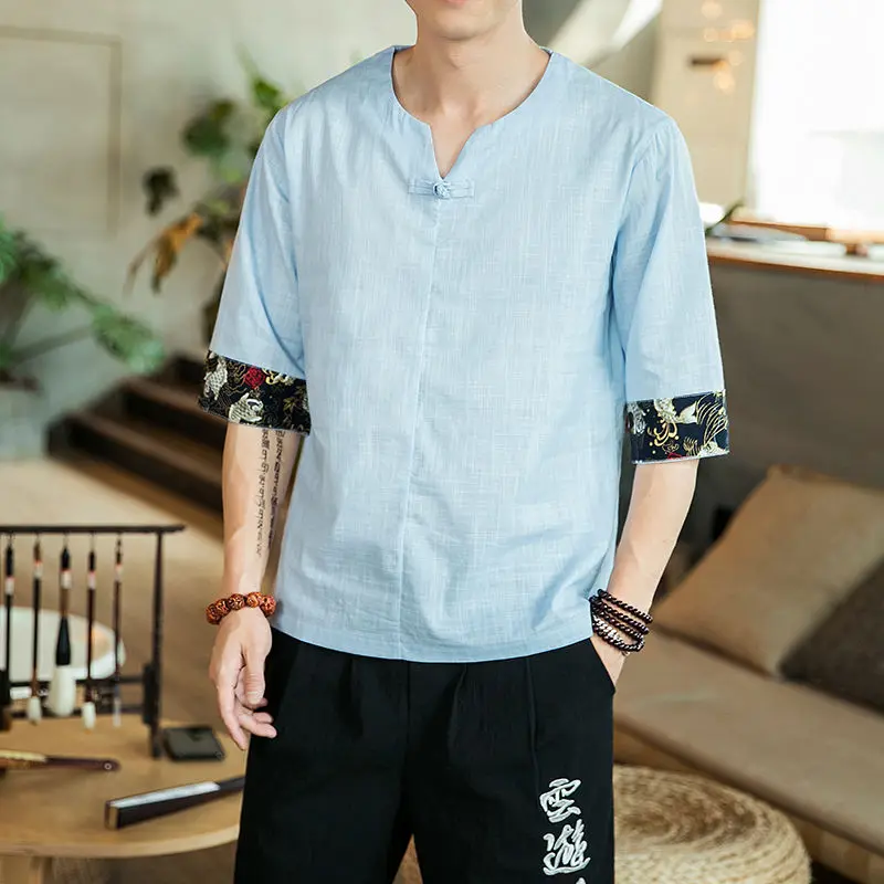 

2020 New Chinese plate buckle cotton and linen short-sleeved T-shirt men's thin half-sleeved top white Free shipping Hot clothes