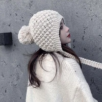 autumn winter ear protection hat womens warm knitting tassel baotou girl outdoor leisure solid color retro student white