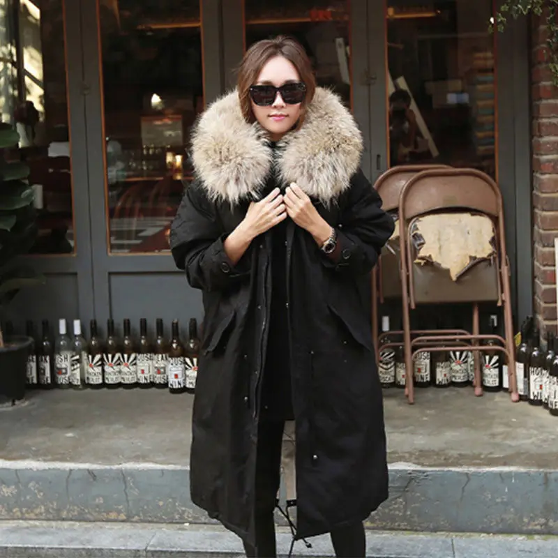 Черная зимняя куртка Женское пальто с меховым капюшоном и воротником длинная