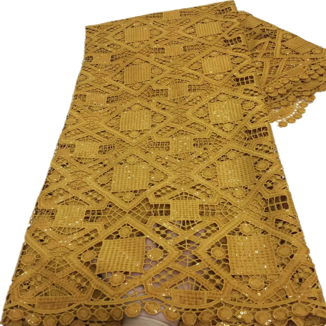 

2021 Latest African Cord Lace Fabric Orange Color Water Soluble Lace Wiht Sequins High Quality Nigerian Guipure Net Lace 5 Yards