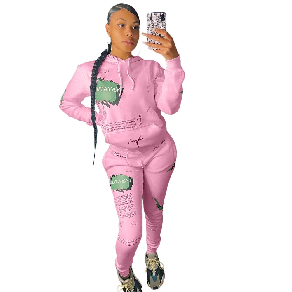 

Letter Printed Two Piece Sets Women 2021 Hooded Full Sleeve Sweatshirt+sporting Sweatpant Streetwear Hoodie Women Two Piece Sets