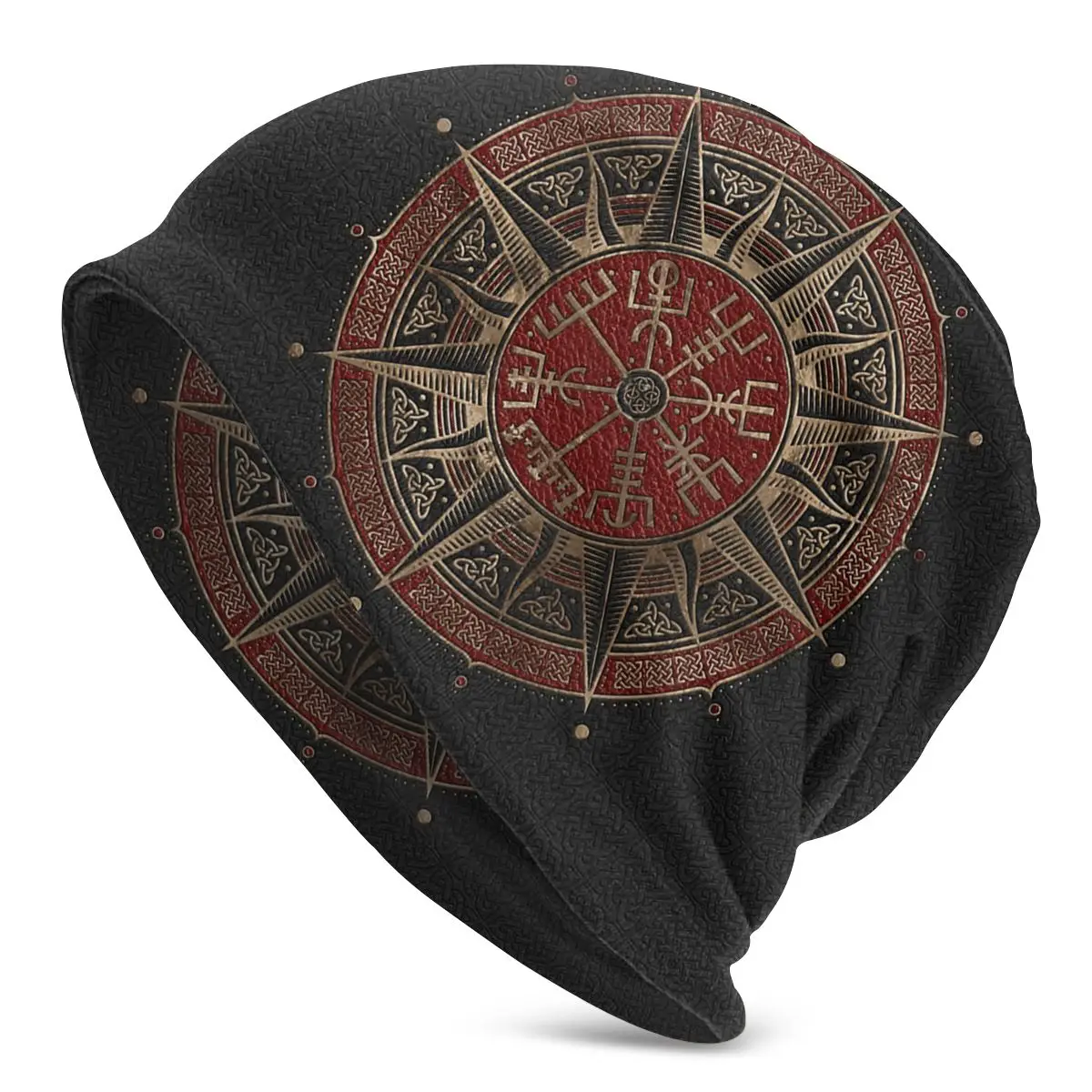 

Adult Men's Knit Hat Vegvisir Viking Compass Black And Red L Bonnet Hats sun cap Cool Graphic Unisex Knitting Hat