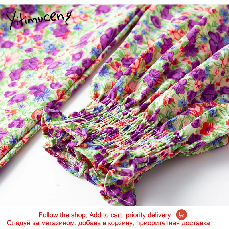 

Yitimuceng Vintage Ruffles Floral Pint Mini High Waist Dresses Women Square Collar A-Line 2021 Summer French Fashion New Dress