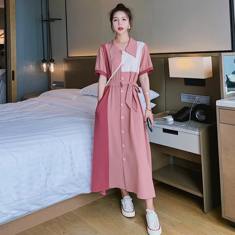 

2021 Summer Short Sleeve Lapel Shirt Dresss Fashion Splice Color Block Korean Elegant Slim Casual Bandage Long Dresses
