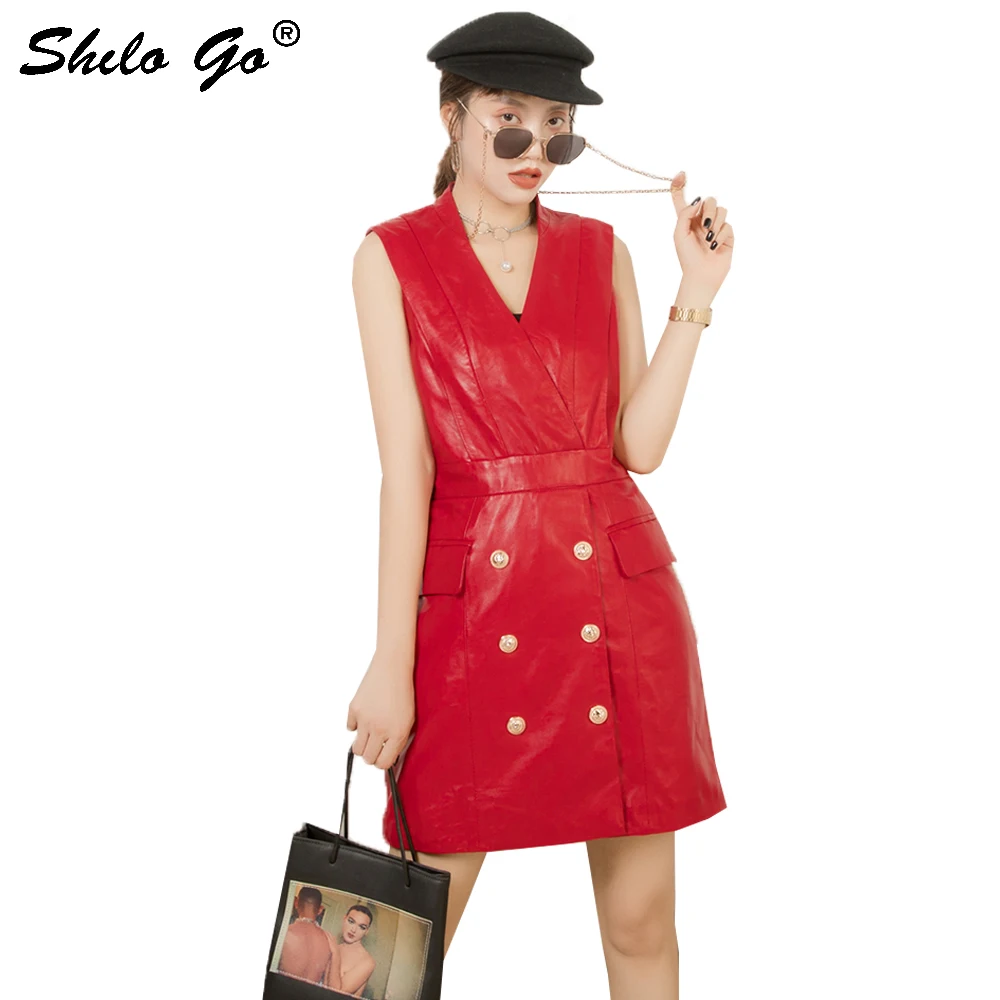 Элегантное платье из натуральной кожи с v образным вырезом двубортное без