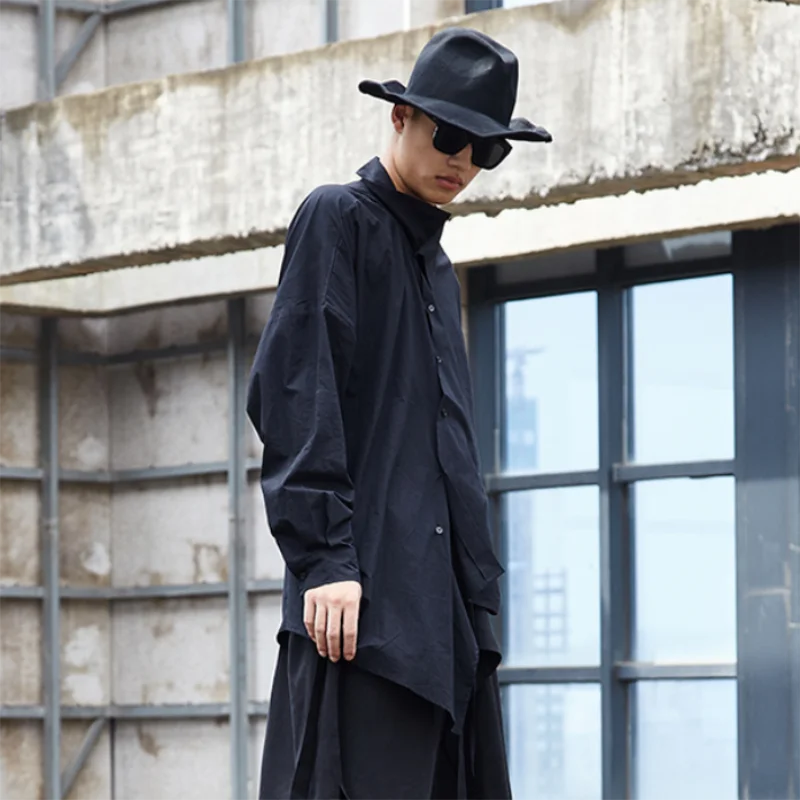 Men's Long-Sleeve Shirt Spring And Autumn New Personality Front Irregular Hem Niche Design Hip Hop Alternative Large Size Shirt