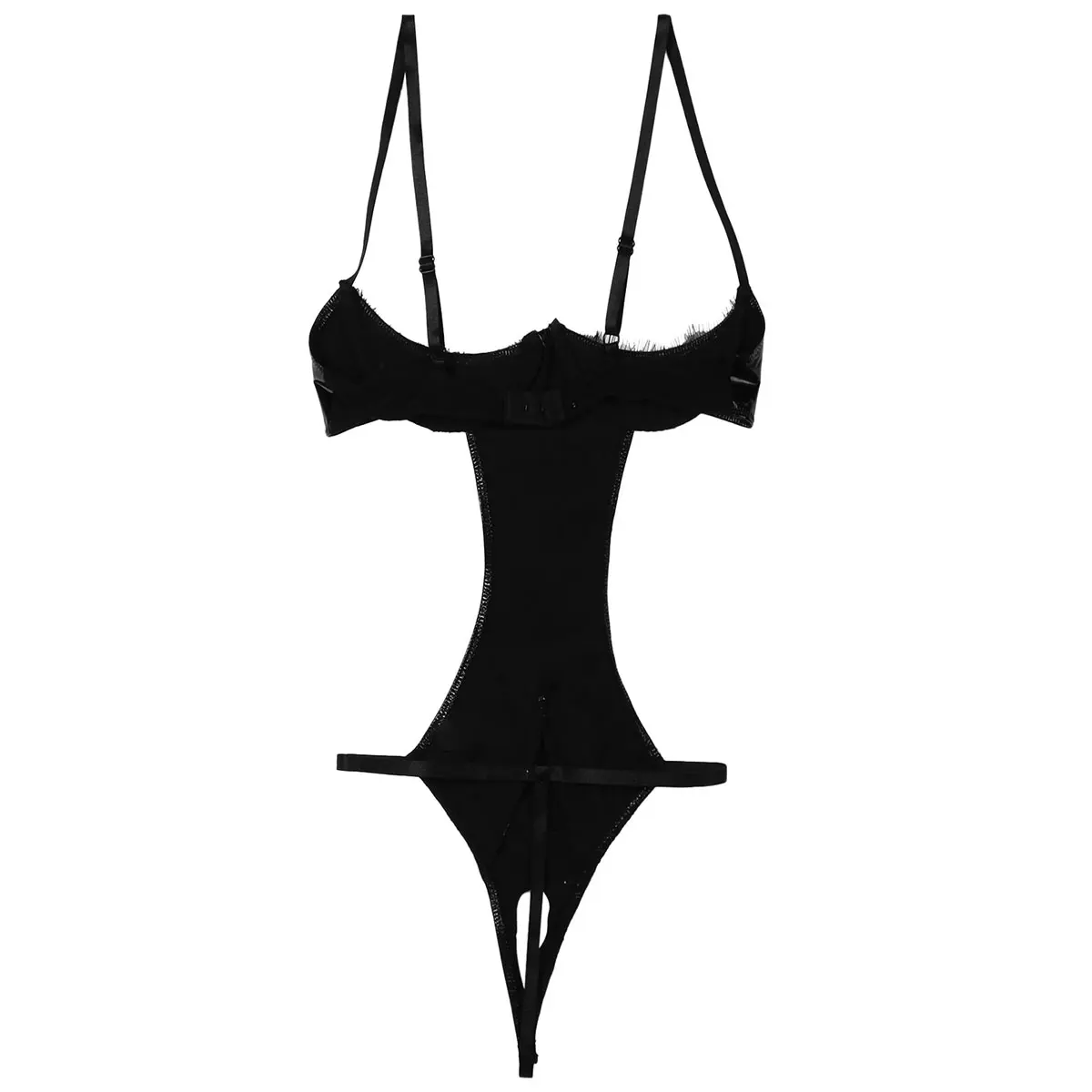 

Women's Erotic Black Patent Leather Sexy Lingerie Adjustable Straps Underwired Open Cups Crotchless Teddies Bodysuit Nightwear