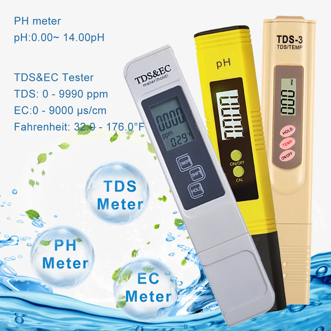 

LCD Display 2pcs PH Tester+TDS& EC Meter/TDS-3 Meter/ PH Paper Tester Meter for Measure Water Quality Purity Swimming Pool