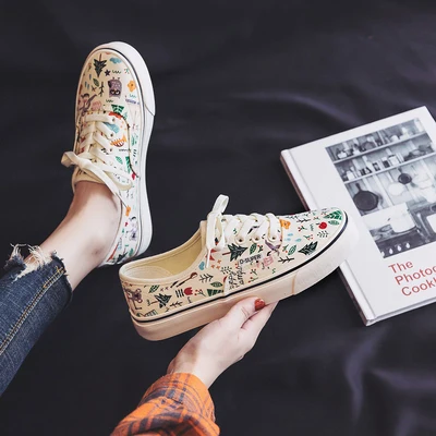 

2021 spring, summer and autumn new low-cut graffiti canvas shoes casual all-match large size flat shoes
