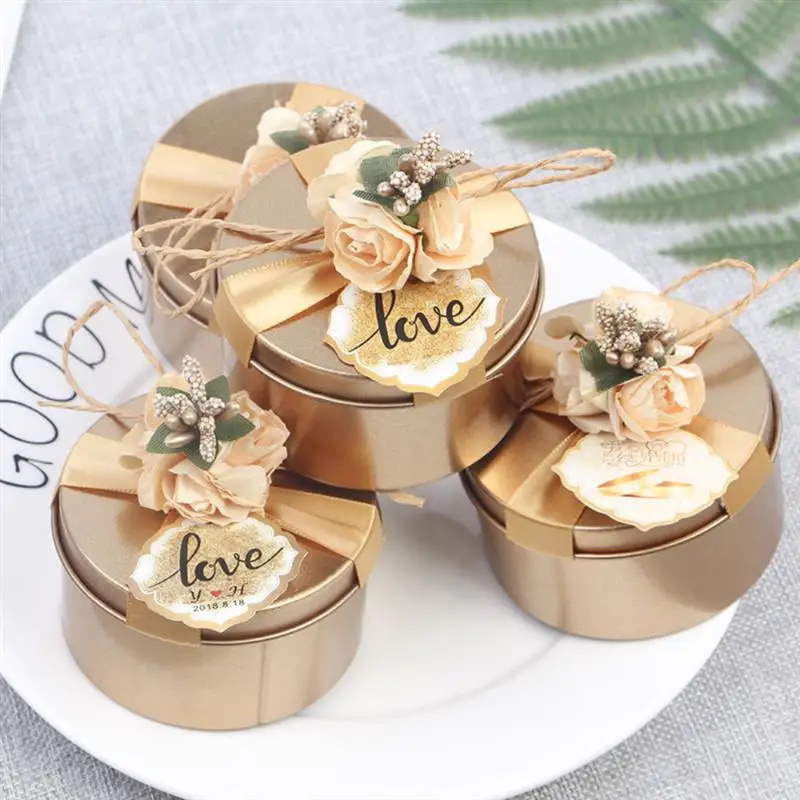 

Wedding Gift Box Tinplate Round Candy Chocolate Storage Box with Ribbon Flower Card Party Favor Supplies