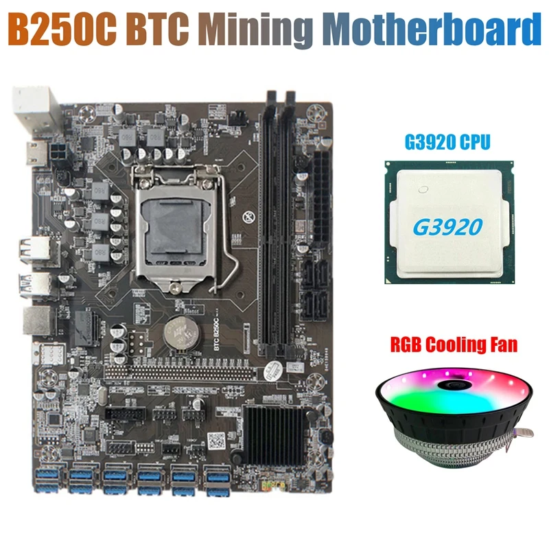 

B250C BTC Mining Motherboard with RGB CPU Fan+G3920 or G3930 CPU CPU 12 PCIE to USB3.0 GPU Slot LGA1151 Support DDR4 DIMM RAM fo