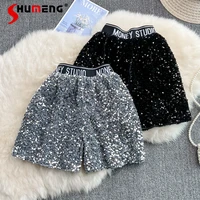 shumeng woman sequined wide leg shorts 2022 spring korean style fashion womens trendy slimming letters elastic waist shorts