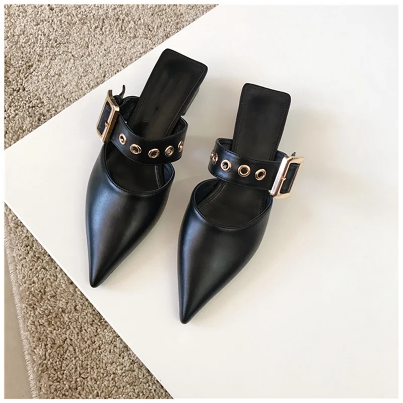 

Bailamos 2021 Spring New Brand Women Mules Shoes Metal Buckle Pointed Toe Slipper Ladies Outdoor Low Heel Casual Slides Sandal