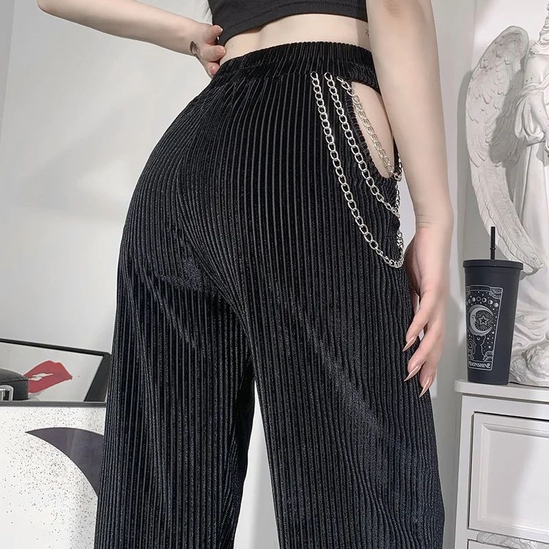 

Lady Cool Hollow Out Metal Chains Straight Gothic Long Trouser Streetwear Black Punk Women High Waist Wide Leg Pants 2021