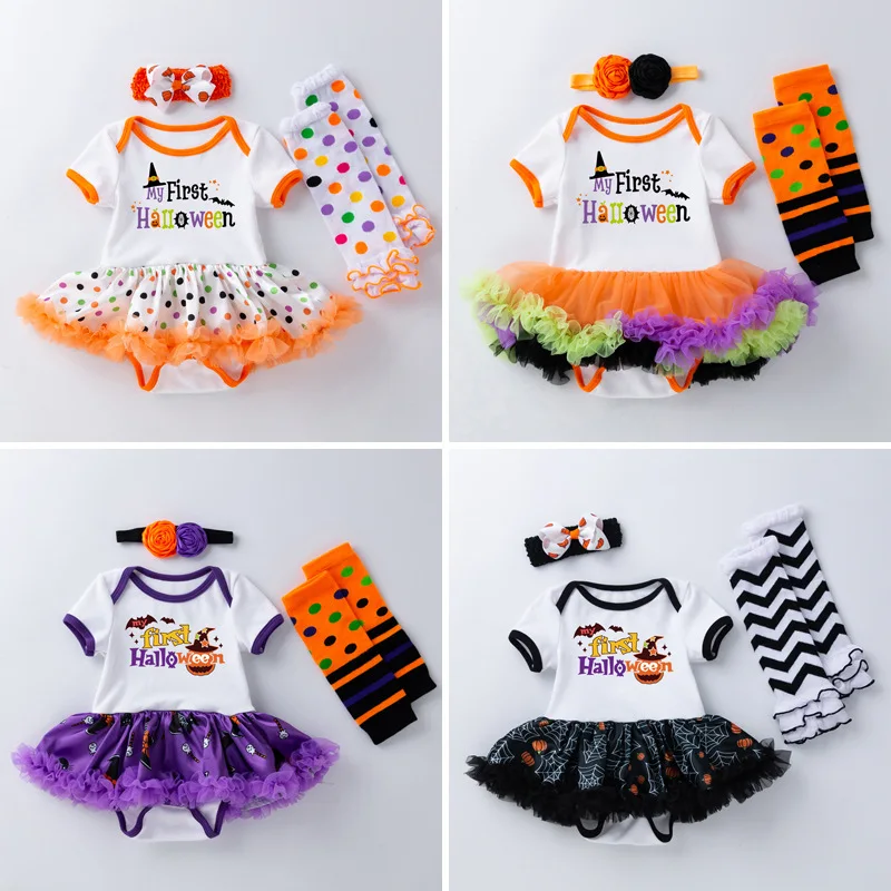 

Halloween Children's Skirt Printed Net Yarn Kids One-piece Dress Short-sleeve Romper Socks with Headband Set Baby Girl Outfit