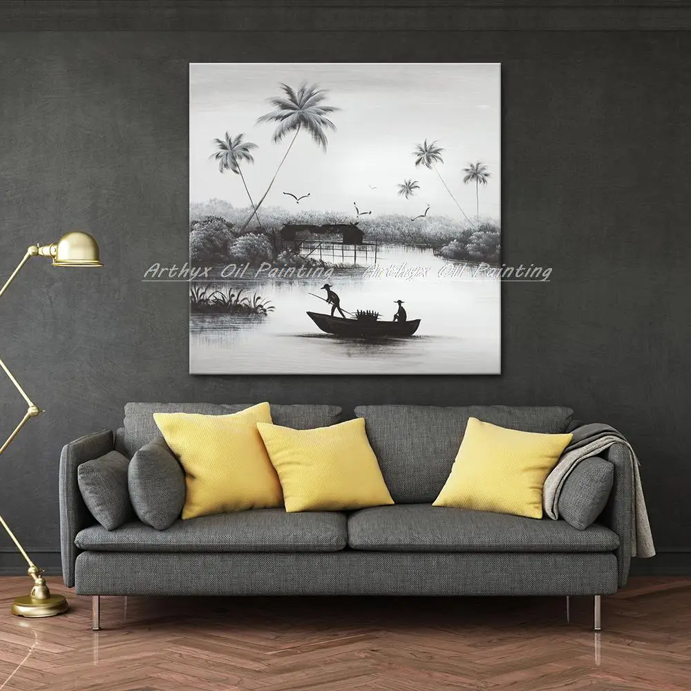 Arthyx ручная работа семья рыбака пепельный черный пейзаж масляная живопись на