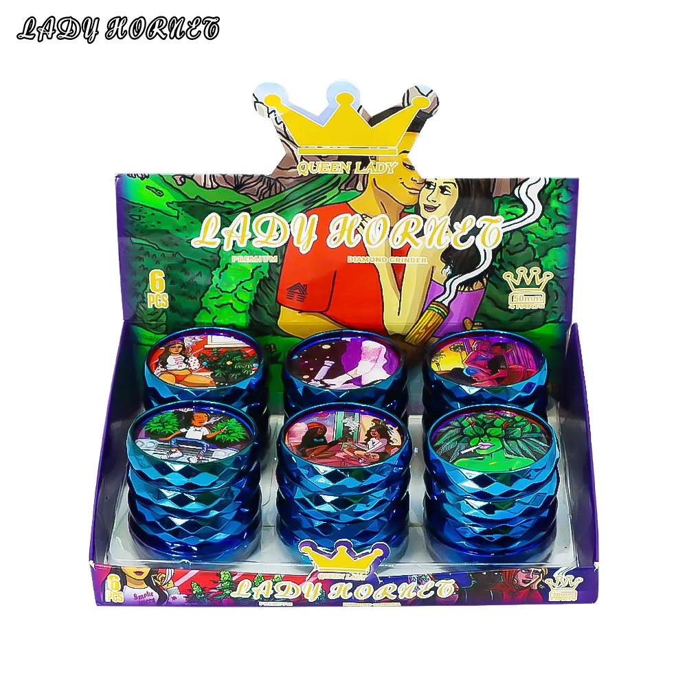 

LADY HORNET 50MM Metal Blue Diamond Cut Surface Series Drip Plastic 4-layer Cigarette Grinder Colorful Vanilla Spice Crusher