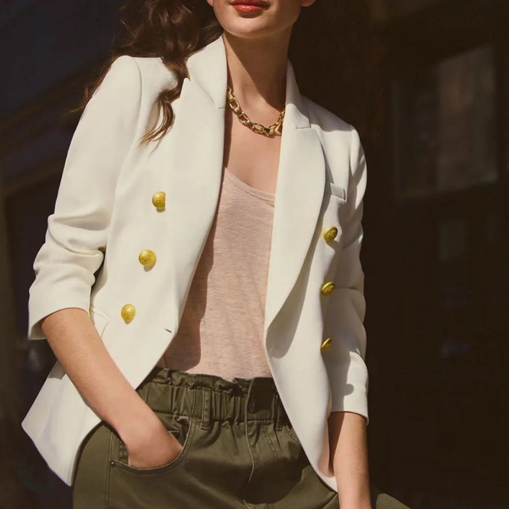 

Autumn New Women Elegant Casual Coat Double Breasted Blazers Jacket Fall Long-Sleeve Solid Color Office Lady Fake Pocket Suits