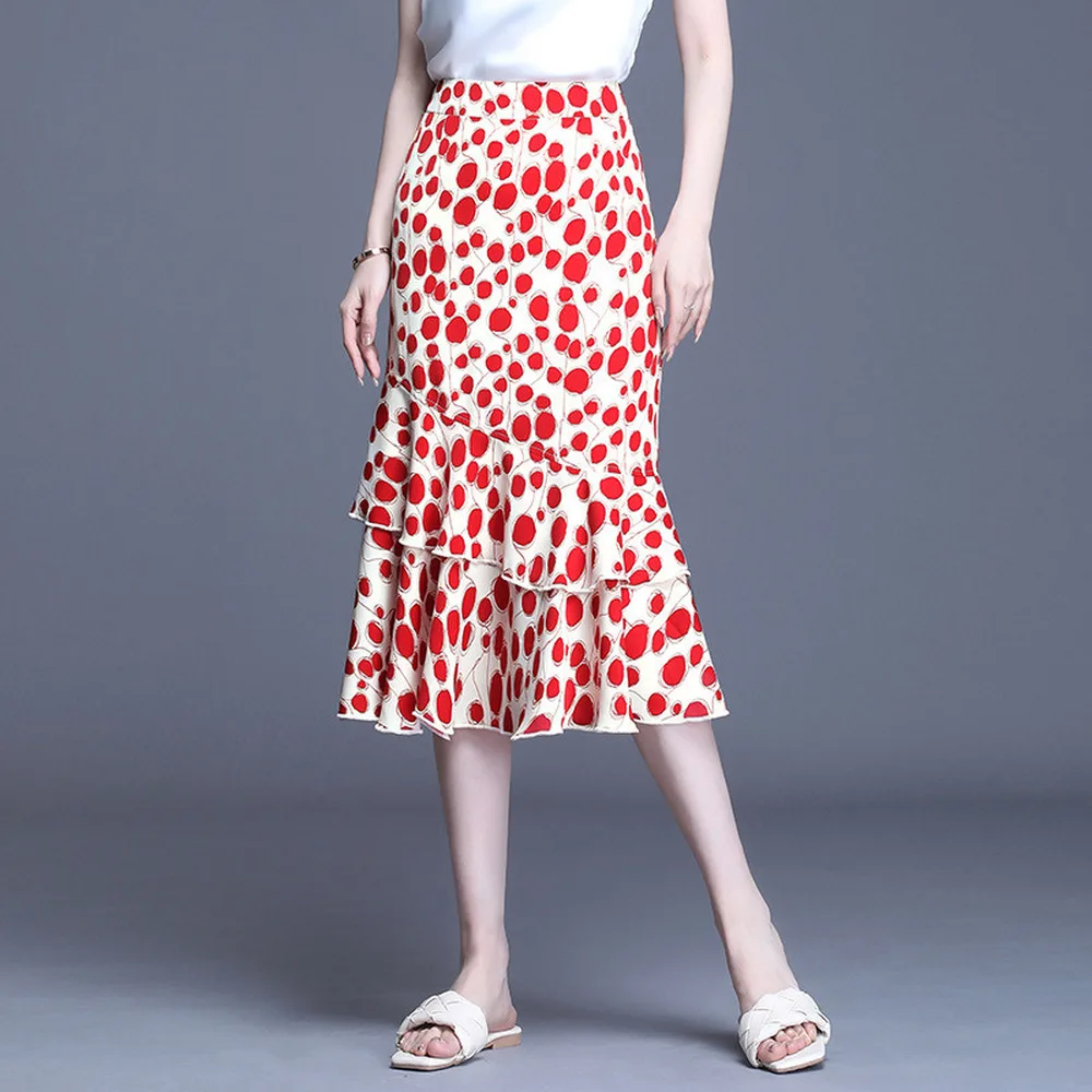 

Floral Dot Chiffon Skirt Knee Length Preppy Style 2021 Summer Ruffles Empire Woman Skirts Asymmetry Womens Clothing Jupe Femme