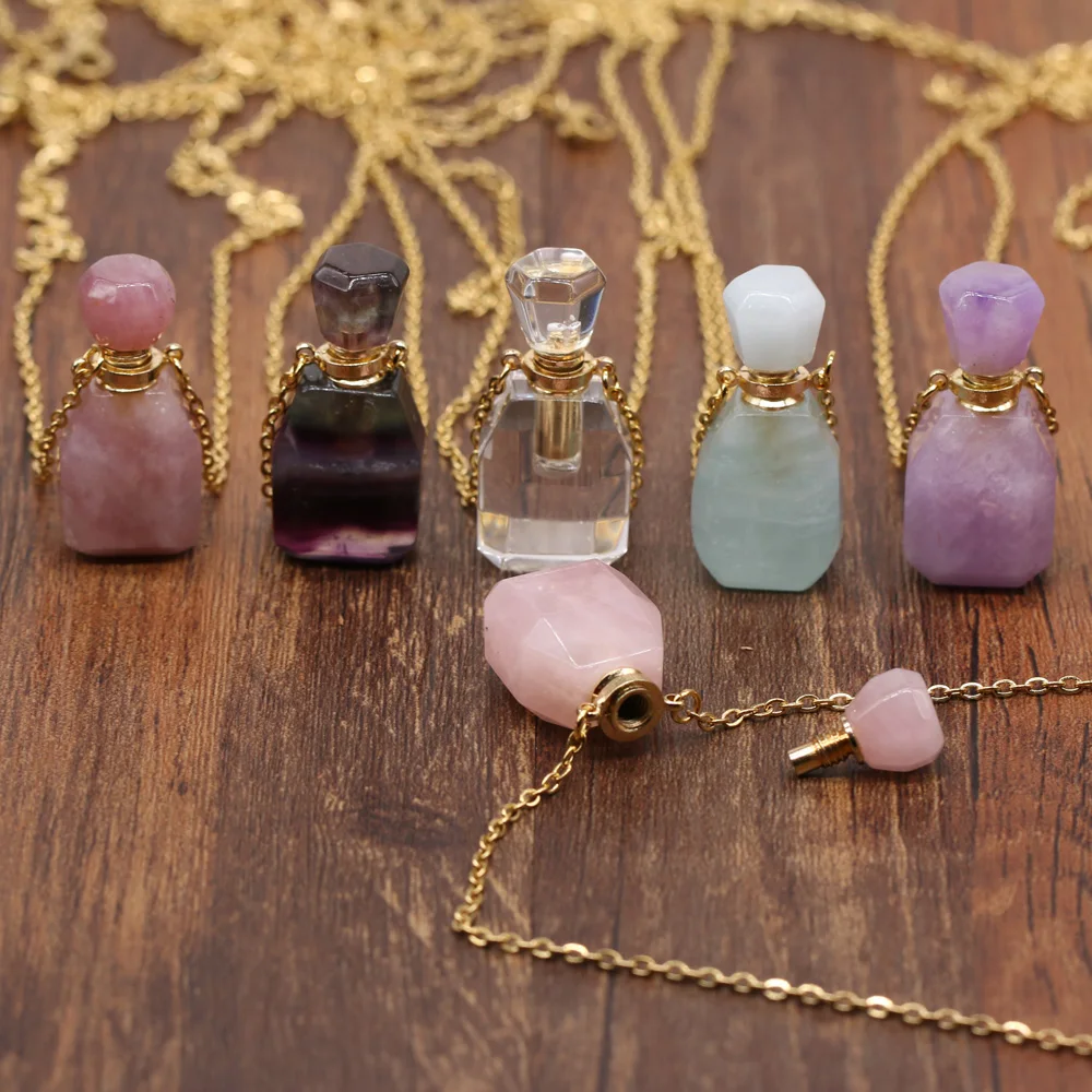 

Natural Pink Amethysts Quartz Stone Perfume Bottle Pendant Necklace Crystal Essential Oil Diffuser Vial Jewelry Romantic Gift