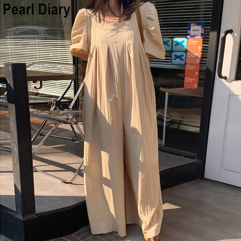 

Summer Oversize Jumpsuit Women 2021 Korean Short Sleeve Square Collar Loose Wide Leg Long Pants Rompers Vintage Combinaisons