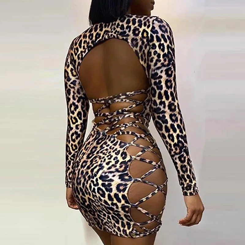 

Women Sexy O Neck Backless Party Dress Fashion Cool Leopard Print Long Sleeve Dress Elegant Hollow Out Tie-Up Mini Dress Vestido