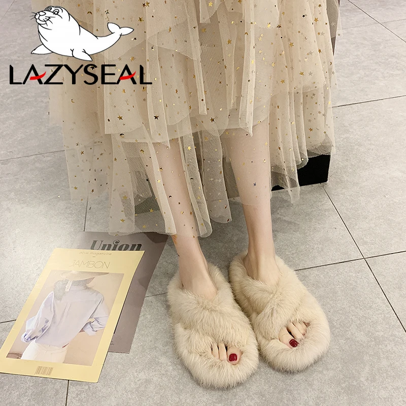 LazySeal/тапочки с натуральным кроличьим мехом женская обувь модные женские Вьетнамки, Повседневная плюшевая обувь на плоской подошве женские меховые домашние шлепанцы