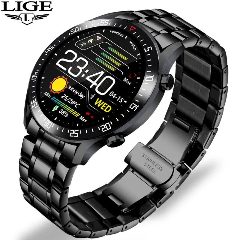 Best Price LIGE New Steel Band Smart Watch Men Heart Rate Blood Pressure Multi-Function Full Touch Screen Watch IP68 Waterproof Smartwatch