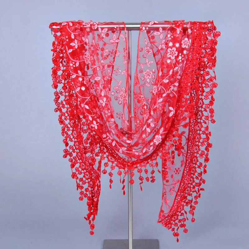 

Women Lace Tassel Triangle Scarf Sheer Metallic Women Bandage Floral Scarves Shawl Female Triangle Bufanda Mujer