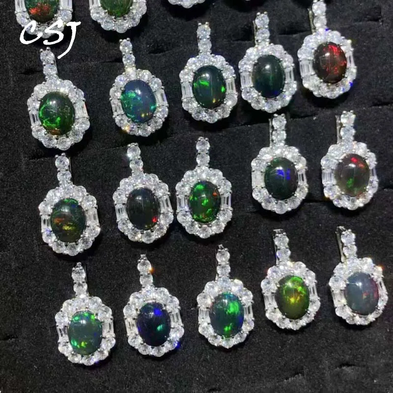 

CSJ Natural Ethiopia Opal Pendant ,Black opal Necklace 925 Sterling Silver Fine Jewelry for Womem Party Gift