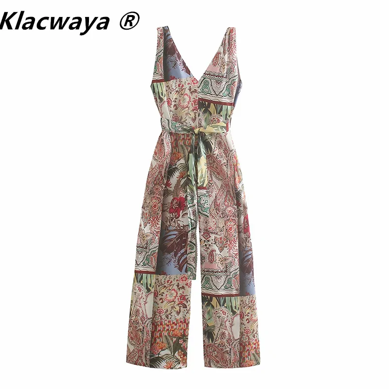 

Комбинезон Klacwaya с широкими штанинами, с винтажным принтом, без рукавов, элегантный длинный комбинезон с поясом, лето 2021