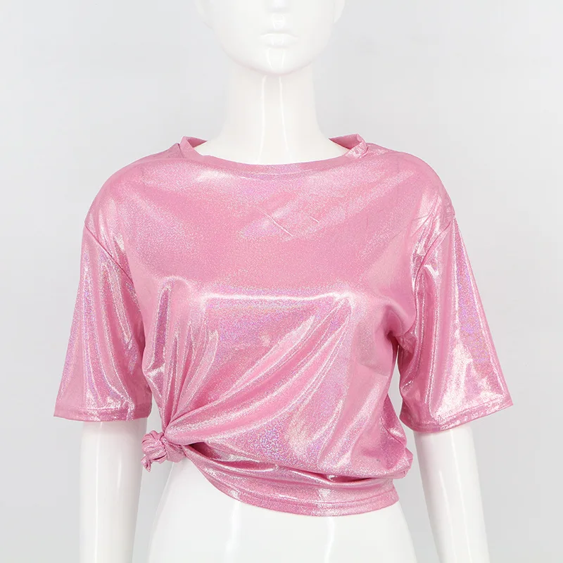 

2021 summer leisure loose shiny reflective multicolored round collar short sleeve T-shirt female fashion T-shirt