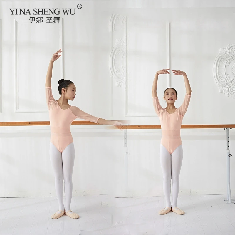 

Girls Gymnastics Middle Sleeve Leotards Ballet Dancewear For Children Kids Ballet Tranning Performance Dance Lace Splice Clothes