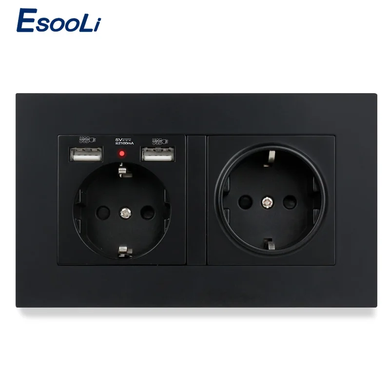 

Esooli PC Plastic Panel Wall Socket EU Standard Power Outlet With Dual USB Smart Induction Charge Port For Mobile 5V 2.1A