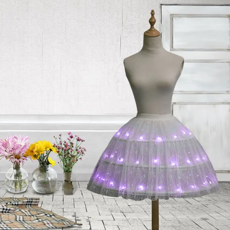 

Women Lolita Cosplay Tulle Skirt Adjustable LED Light Up Luminous Ballet Dance Short Dress 3 Steel Hoops Petticoat