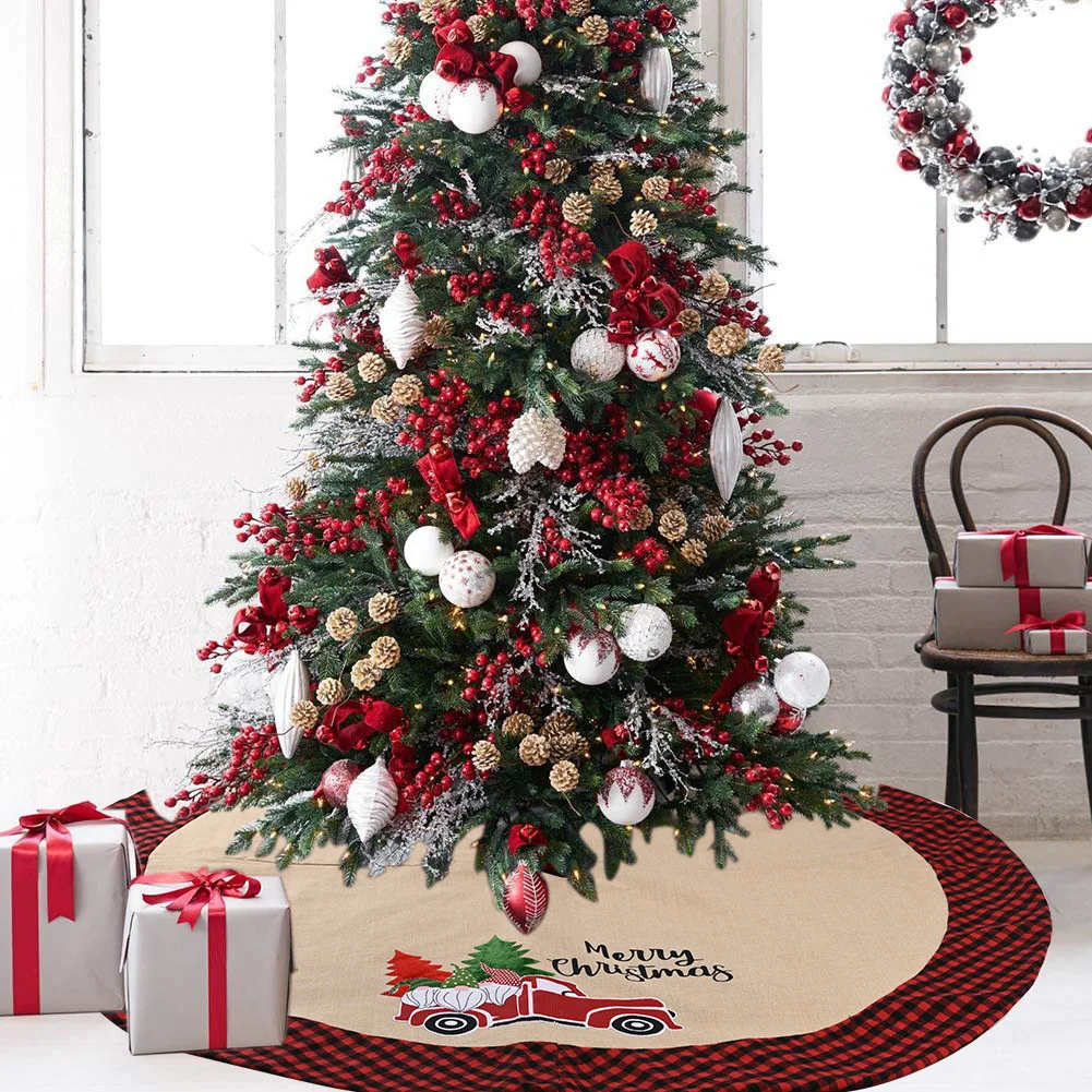 

JIEME Christmas decorations Christmas Tree Skirt Plaid Tree Skirt imitation linen 106CM tree skirt small tree skirt bottom dress