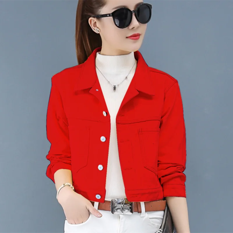 New Denim Jacket Red Short Jeans Jacket Casual Ripped Denim Outwear Slim Long Sleeve Black Casual Jack Coat