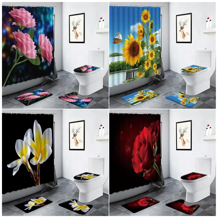 

Rose Yellow Sunflower Rural Scenery Floral Shower Curtains Butterfly Flowers Plant Bathroom Decor Non-slip Rugs Toilet Mats Sets