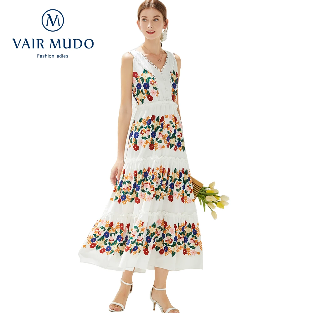 

2021 New Dress Women V-Neck Fashion Single-Breasted Sleeveless Ruffle Printed Dress Elegant Summer Fashion Women A-LINE Y-202