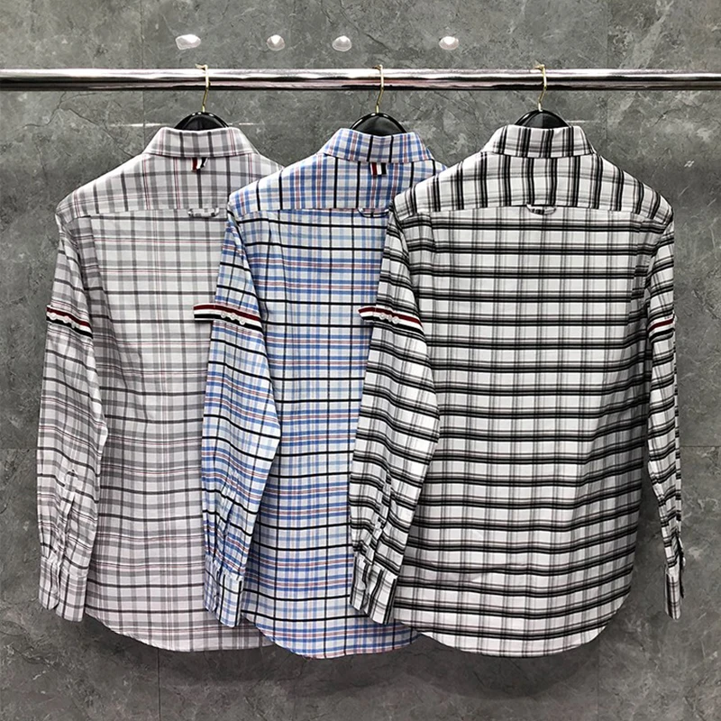 TB THOM Shirt Spring Autumn Fashion Brand Plaid Men's Shirt RWB Ribbon Armband Stripe Cotton Oxford Casual Wholesale TB Shirt