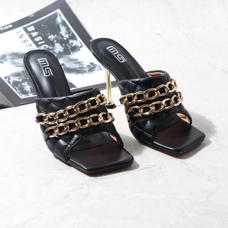 

Summer Padded Leather Mules High Heels 9.5cm Slippers Chain Square toe Brand Sandals Peep toe Female Slides Party Dress Shoes