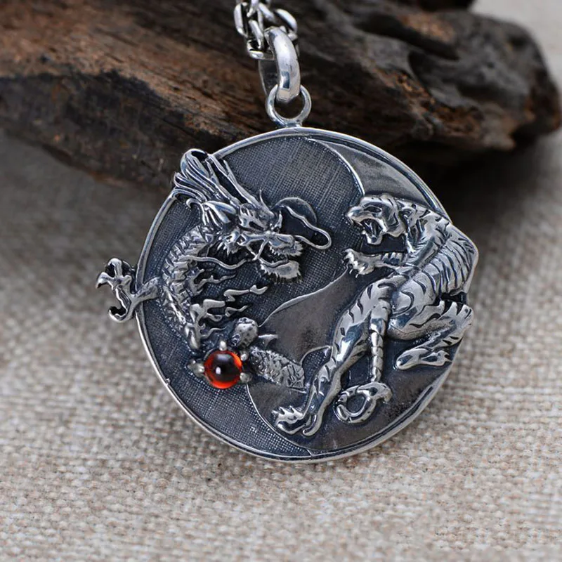 S925 Silver Handmade Dragon Tiger Pendant Necklace 925 Sterling Fengshui Taichi Yinyang Pendant Necklace Good Luck Amulet