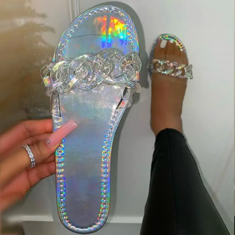 

Spot 2021 Euro American summer round head flat bottom transparent metal I-shaped slippers women's foreign trade Beach Sandal