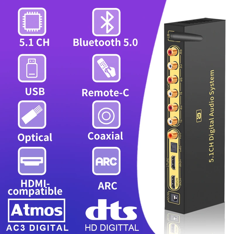 Conversor de Áudio Hdmi-compatível com Arc Decodificador Bluethooth Receptor Dac Spdif Coaxial Dtshd Ac3 Flac Ape 4k 192khz Hd820b 5.1ch 5.0