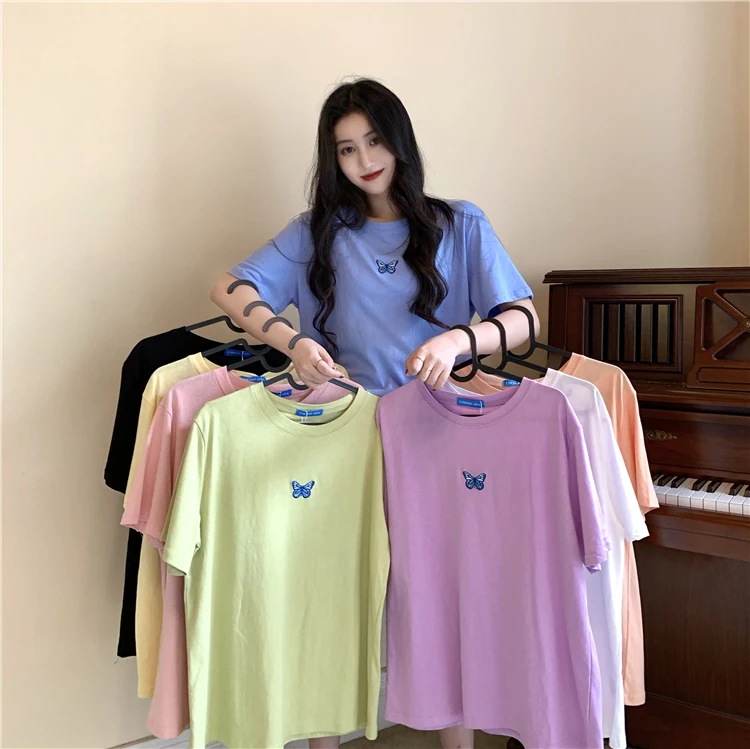 Женская хлопковая Футболка с вышивкой бабочки повседневная черная футболка