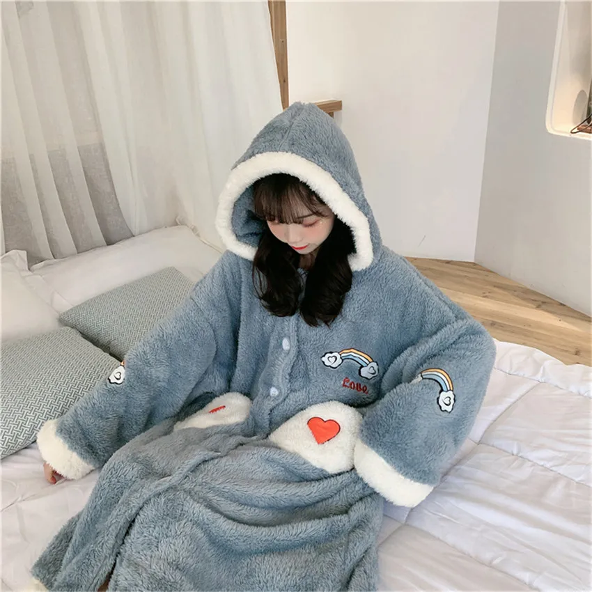 

Autumn Winter Women Long Sleeve Nightgown Hooded Flannel Nightgowns Girls Night Dress Sleepwear Cute Princess Coral Fleece