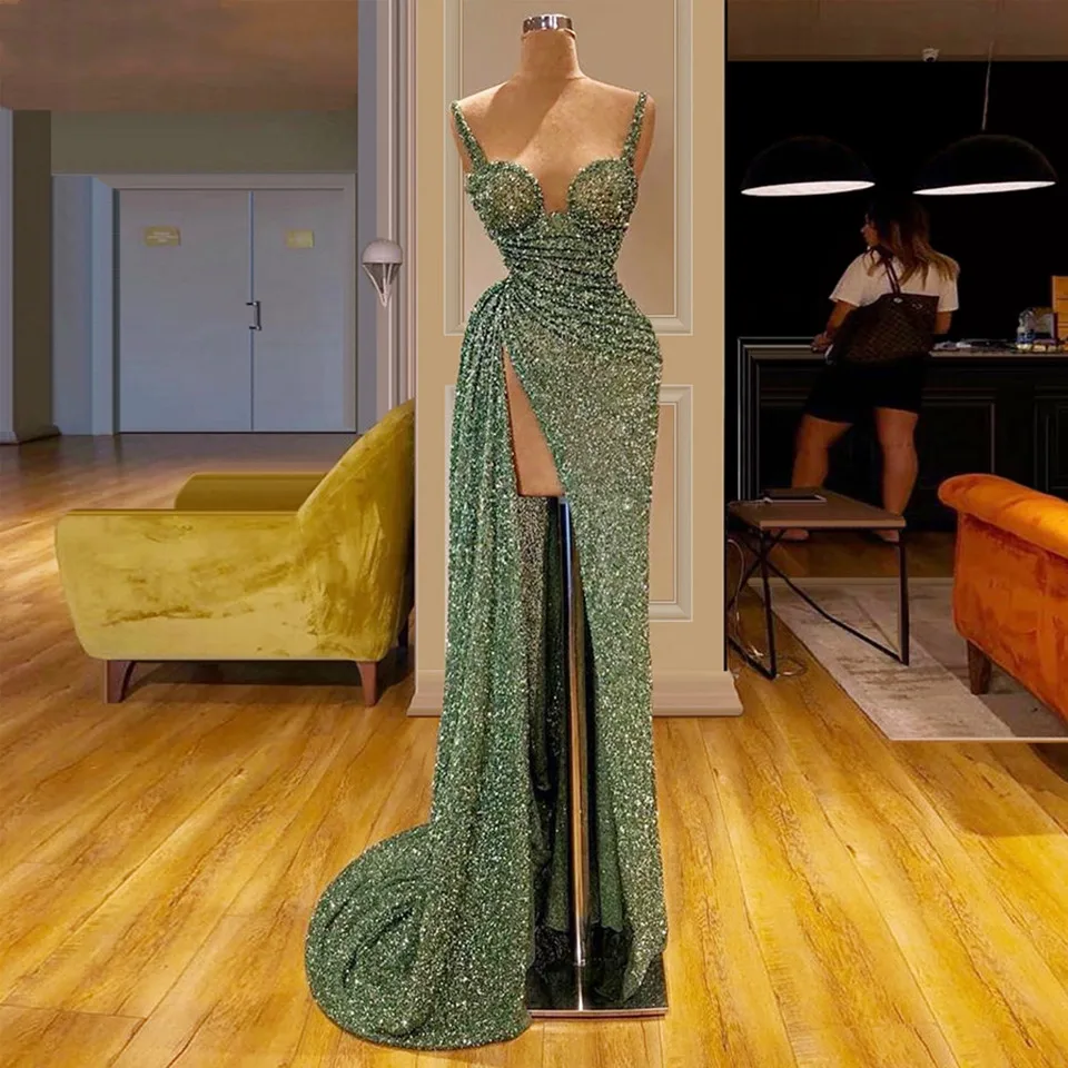 

Sexy Sequin Mermaid Prom Dresses Women Formal Party Night Side Split Evening Gown 2021 Spaghetti Straps Elegant Vestido De Gala